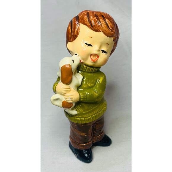 Made In Japan Figurine Boy with Dog MCM Green Shirt Brown Hair Pants Vintage - Picture 9 of 9